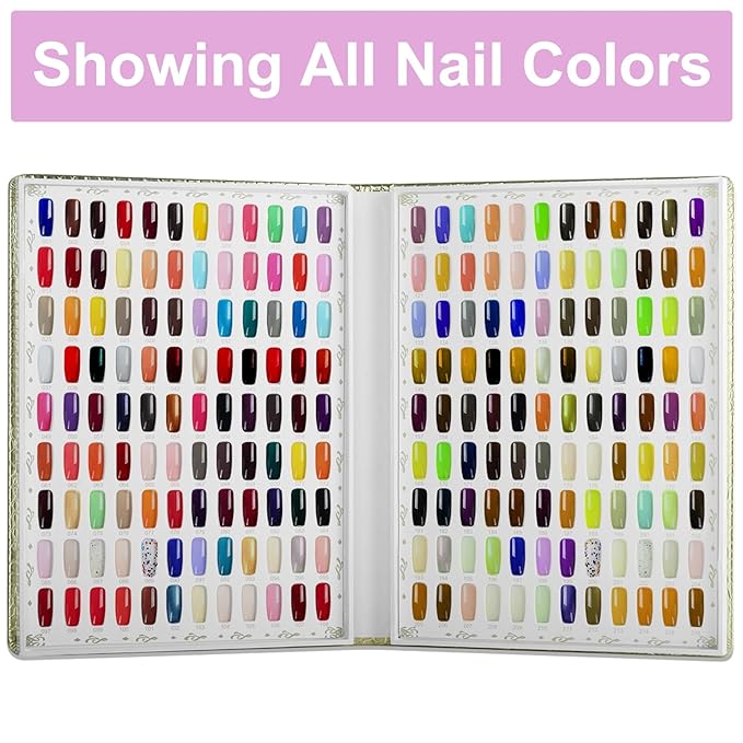 216 Nail Color Book,Nail Color Display Book with 240 Nail Tips & 1-300 Number Labels,Professional Nail Color Swatches Book for Gel Polish Nails Art Design(Gold)
