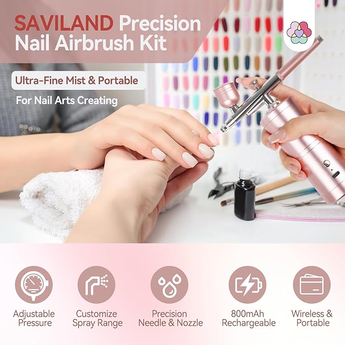 SAVILAND Salon-Grade Airbrush Kit: 25 PSI Super-Stable, Rechargeable Nail Art Machine with 0.3mm Nozzle & Dual Modes - Professional Tool for Gel Nails, Ombre & French Manicure at Home (Pink)