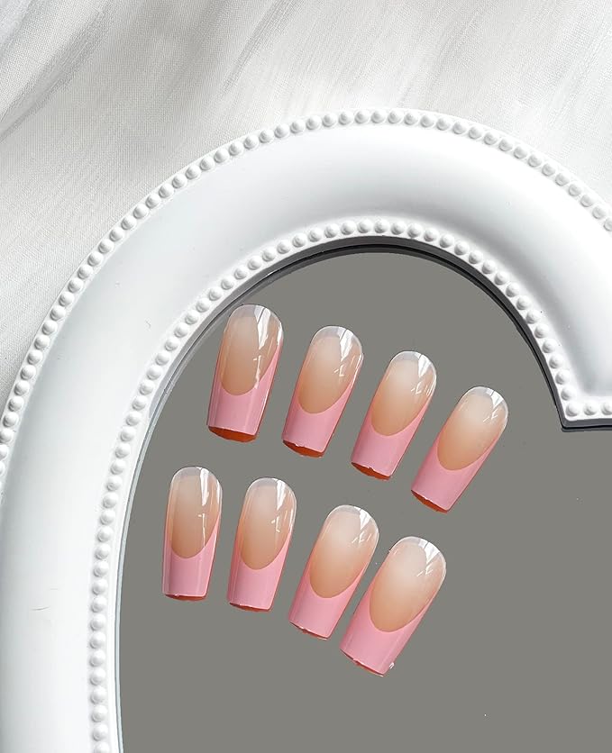 Press on Nails Long Square Pink French Tip Fake Nails Full Cover False Nails with Designs Light Pink Nail Tip Glossy False Nails with Nail Glue Artificial Acrylic Nails for Women Girls 24 Pcs