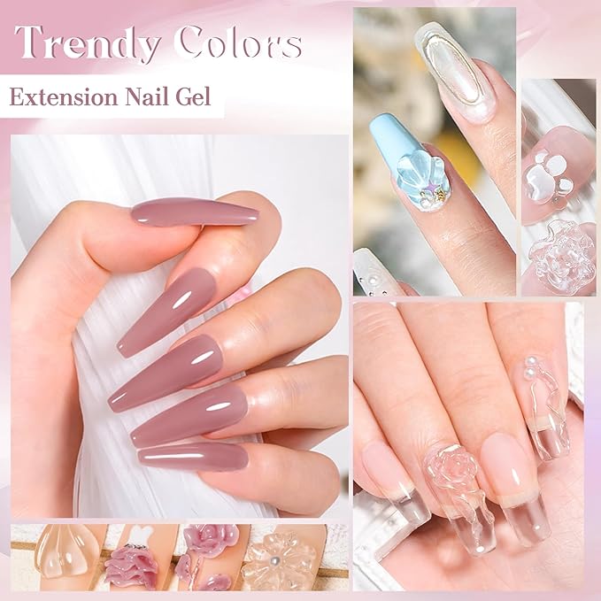 MEET ACROSS All-in-One Extension Mini Kit 2×7ml Non-Sticky Builder Gel Starter Kit WIth Base & Top Coat/Dual-Silicone Pen/Pro File/20-Pc Reusable Dual Forms Salon-Grade Extensions (Clear+Nude)