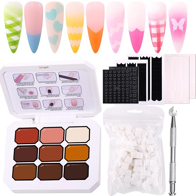 Gradient Ombre Nail Polish Kit, 9 Colors, 100 Sponges, French Manicure Tool Set with Stickers (Amber Latte Ombre Set #18)