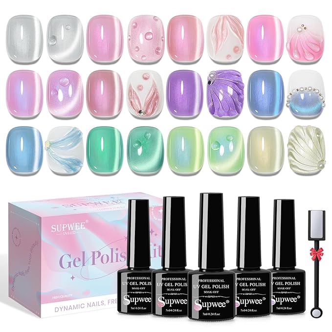 Pearl Mermaid Gel Nail Polish 12 Colors Magnetic Cat Eye Shimmer Glitter Gel Polish Spring Summer Colors Cat Eye Manicure Gift Soak Off Lamp Salon DIY at Home