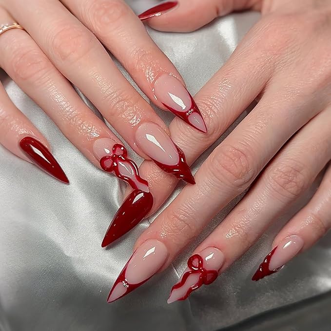 Christmas Press on Nails Long Stiletto MABKJLF Red French Tip Fake Nails 3D False Nails with Bow Ball Designs Glossy Glue on Nail Winter Full Cover Acrylic Nails for Women Girls 24Pcs