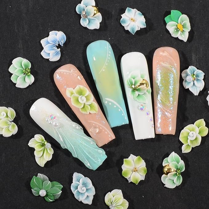30PCS 3D Handmade Flower Nail Art Charms Advanced Handcrafted Cherry Blossom Flower Colorful Sculpted Floral Nails with Rhinestone Caviar Beads Design for Women Profession Nail Art Craft Jewelry