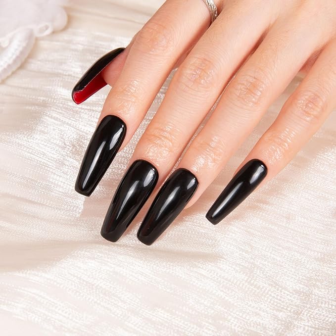 LOVFUL Press on Nails Red Sole Black Red | Handmade with Full Covered Crystals | Reusable Full Cover Nails | Coffin Classic Regular 1.3 in | H22-S