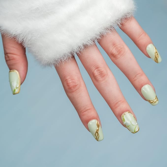 Sun&Beam Nails Handmade Short Medium Coffin Ballerina Green False Nail Tips with Cute 3D Pearl Popular Charm Design Press On Nails 10 Pcs (#54 M)