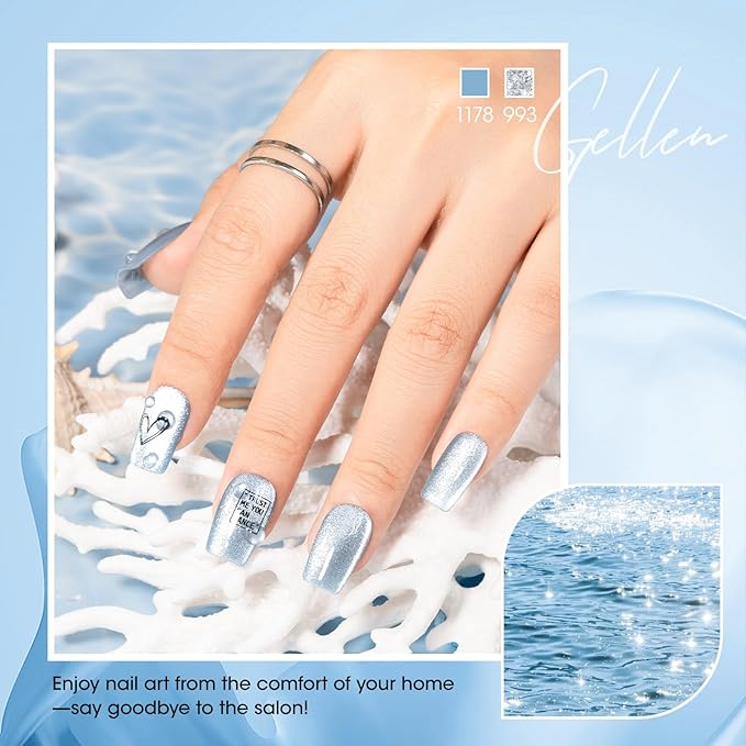 GELLEN Jelly Blue Gel Nail Polish Set, 6pcs Transparent Jelly Blue with Silver Glass Cat Eye Gel Nail Polish with Magnet, for Salon Nail Art at Home DIY