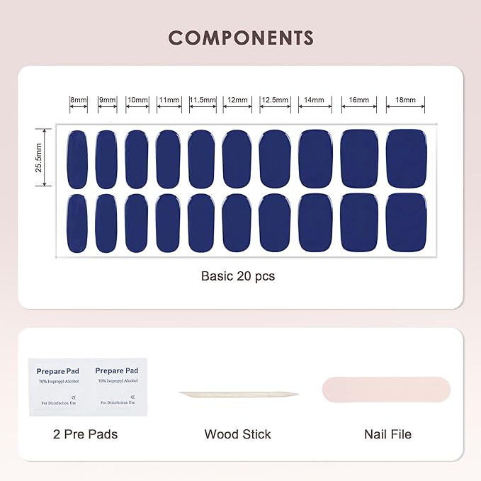 Semi Cured Gel Nail Strips – Real Gel Nail Polish Wraps for Brittle Nails | Waterproof Long Lasting Easy Peel-Off Removal | Hema-Free | 20-Piece Dark Blue Salon Kit with UV Lamps