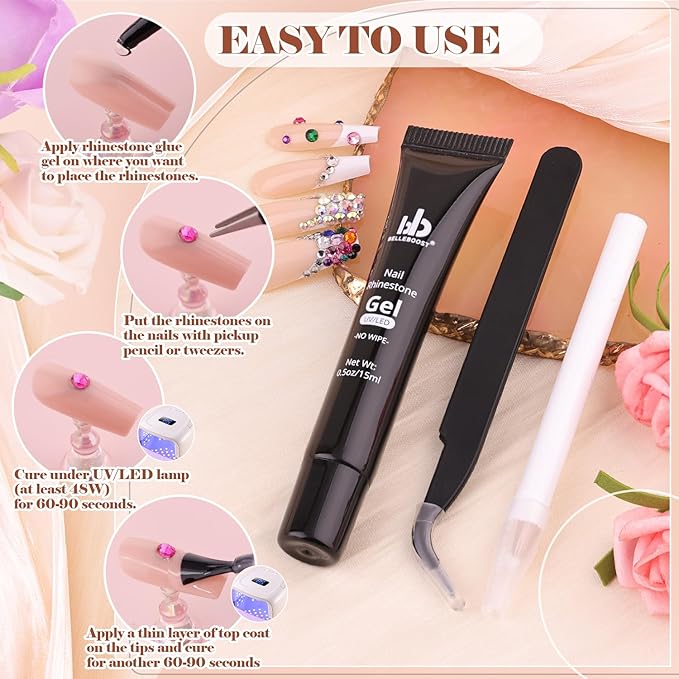 BELLEBOOST Nail Art Rhinestone Kit, 15ml Rhinestone Gel Glue+Colorful Gems+Flatback Glass Crystal AB&Clear Gemstones with Pickup Tools for Bedazzling Nail and Face Makeup
