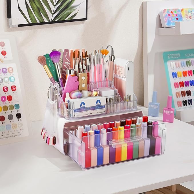 Nail Tech Desk Organizer Case: 2 Layers Nail Tech Organizers with Nail Polish Storage Drawer- 53 Holes Nail Drill Bits & Nail Brushes Pens Holder for Manicure Nail Supplies (Clear)
