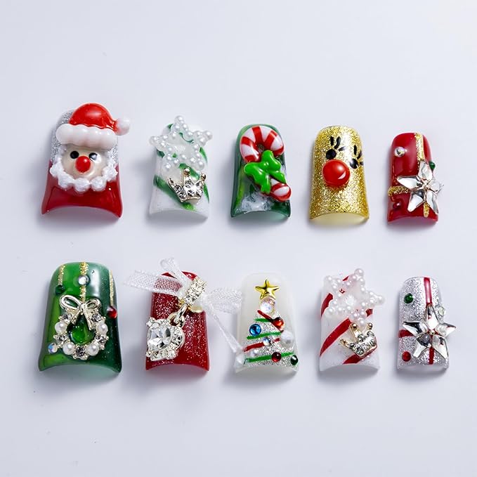 10 Pieces Red And Green Christmas Luxury Acrylic Press On Nails Short Handmade Duck Nails, Thickened False French Nails, Santa Claus And Christmas Tree Decorations, Reusable Fake Nails (S)