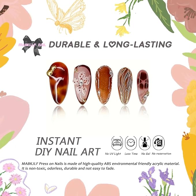 Almond Press on Nails Medium MABKJLF 3D Floral Fake Nails False Nails with Gold Curve Line Rhinestones Designs Amber Glossy Glue on Nail Autumn Fall Acrylic Nails for Women Girls 24Pcs