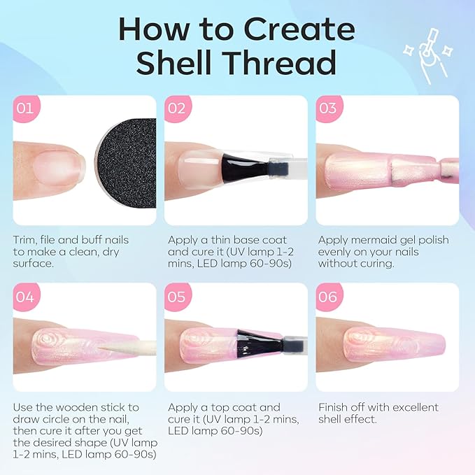 modelones Gel Nail Polish Set 6 Colors Pink Blue Pearl Gel Nail Polish White Pink Blue Shimmer Mermaid Glitter Polish All Seasons Soak Off Nail Drawing Swirl Shell Thread Effect DIY Gift Women Girl