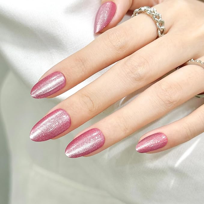 Pink Almond Cat Eyes Press On Nails,12 Sizes - 24 Pcs Soft Gel Pink Medium Fake Nails Kit with Nail Glue, Natural Reusable Stick On False Nails for Women and Girls SK1028