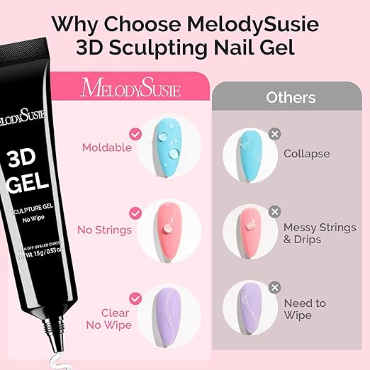 MelodySusie 3D Gel Nail Art, Clear Sculpting Gel No Wipe Nail Art Gel for Molding, Painting, Chrome Powder & Rhinestone Glue, UV/LED Cured 3D Nail Design 15g