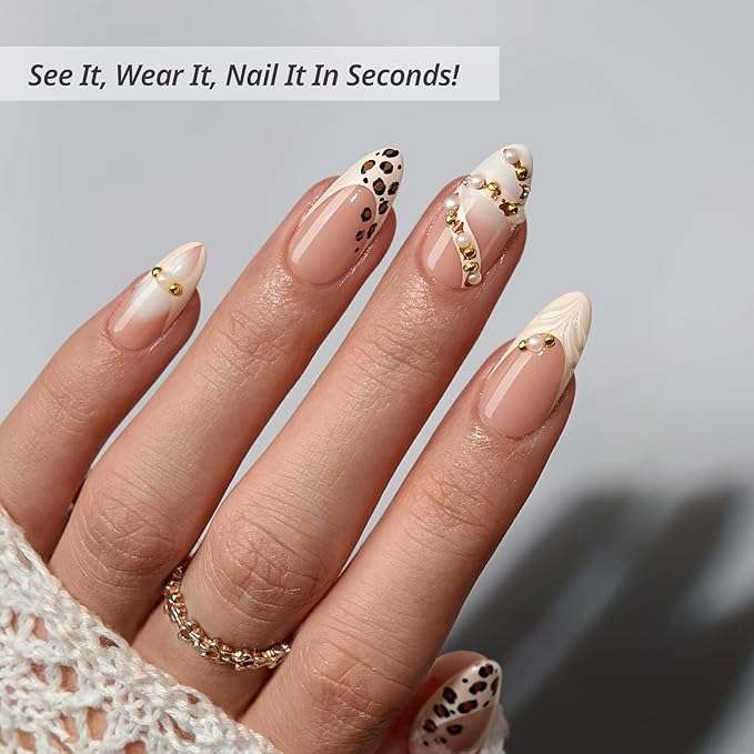 BTArtbox Press On Nails Almond - 3D Pearl Leopard Medium French Tip Press On Nails with Glue for Women, Opaque Soft Gel Glue On Nails in 15 Sizes - 30 Stick On Nails Kit, Cheeky Duo