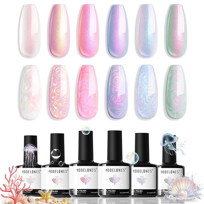 modelones Pearl Gel Nail Polish Set, 6 Colors 2026 Spring Aurora Iridescent Shimmer White Pink Purple Mermaid Nail Drawing Glitter Gel Polish LED Swirl Shell Thread Effect with Dotting Pen DIY Gift