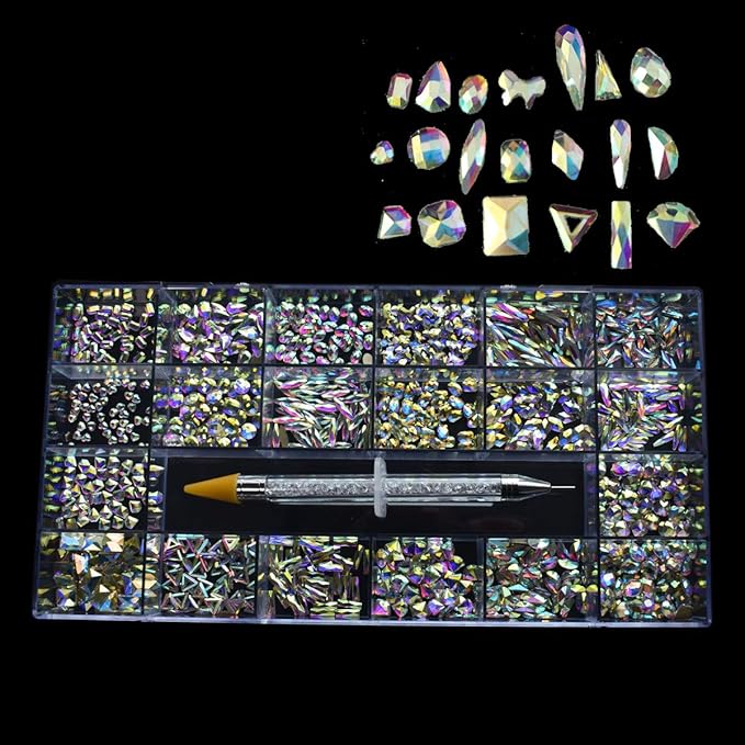 1000 Pcs AB Rhinestones for Nails art Rhinestones Multi Shapes Ab Crystal Nail Gems With 1 Pick Up Pen Nail Diamonds Flat Back Glass Nail Jewels Charms for Nails Decorations Clothes Shoes Bag