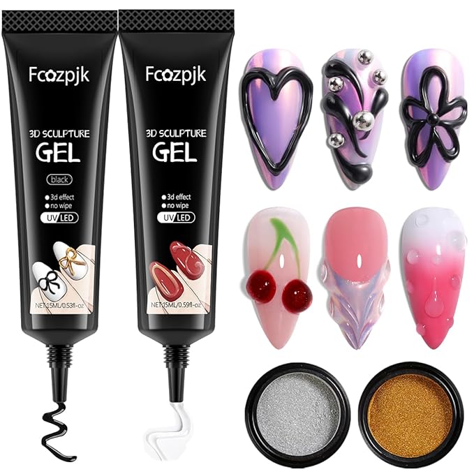 3D Gel Nail Art Kit – No Wipe Black and Clear Sculpting Gel for Embossing Painting Design with Gold Silver Chrome Powder 3D Liner Gels Flowers Carving Modeling Decor Salon Supplies 15ML 2PCS