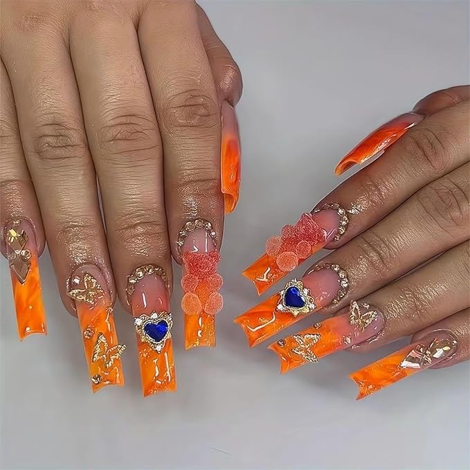 Press on Nails Long Square Fake Nails French Tip Orange Ombre False Nails with Charms Designs Glitter Acrylic Nails for Women 24Pcs