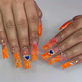 Press on Nails Long Square Fake Nails French Tip Orange Ombre False Nails with Charms Designs Glitter Acrylic Nails for Women 24Pcs