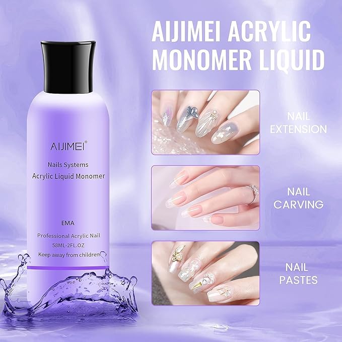AIJIMEI Acrylic Liquid Monomer 58ml & Acrylic Brush Cleaner 58ml Kit - Professional Nail System for Clean Acrylic Powder & Acrylic Nail Brushes, Salon-Quality DIY Manicure