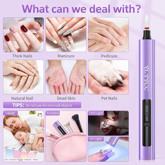Electric Nail Drill Cordless Nail File with UV Lamp:Professional for Acrylic Gel Dip Powder Nails Portable Nail Kit Machine for Women Girl Manicure Pedicure Nail Set Rechargeable Lightweight