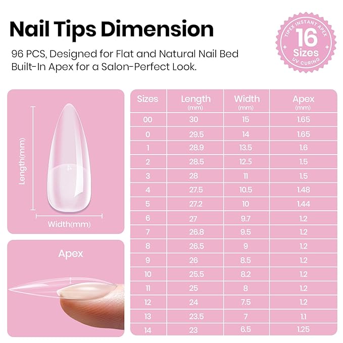Beetles Tipex Lite Instant Apex Nail Tips, Medium Stiletto, 16 Sizes | 00–14, Built-in Apex Acrylic Tips for Flat & Natural Nail Beds, Beginner-Friendly Easy DIY Nail Extensions