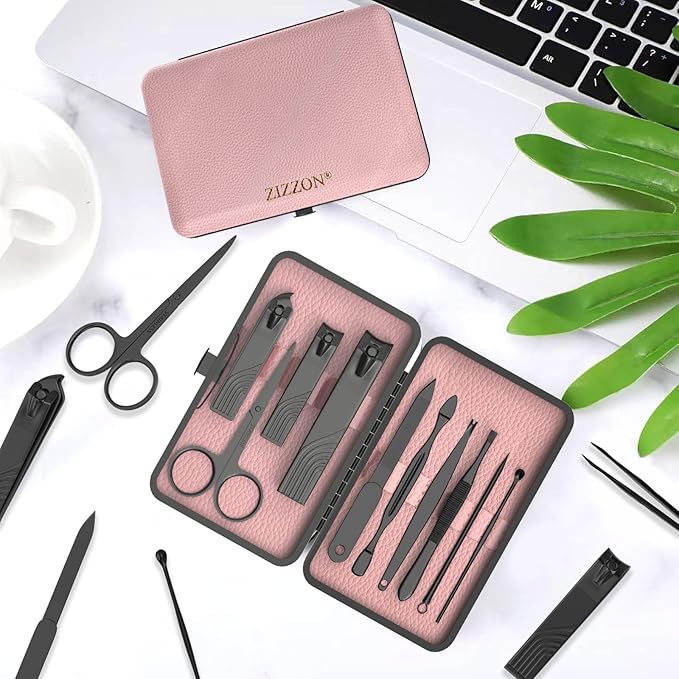ZIZZON Travel Mini Manicure Set Nail Clipper Set 10 in 1 Stainless Steel Pedicure Care Grooming kit with Case (Black/Pink)