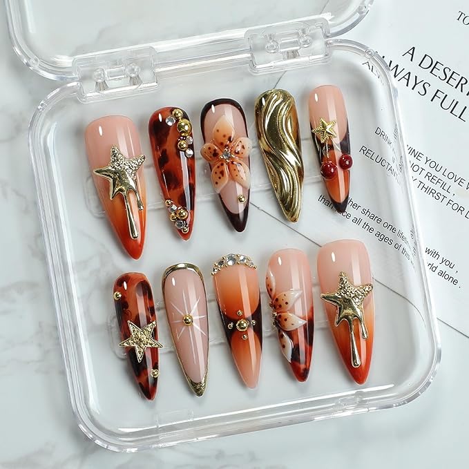 Handmade Press on Nails Thickened Salon Quality Fake Nails with Luxury 3D Flower Stars Cherry and Rhinestone Designs Gradient French Tip False Nails Long Almond Acrylic Nails for Women（Size M)