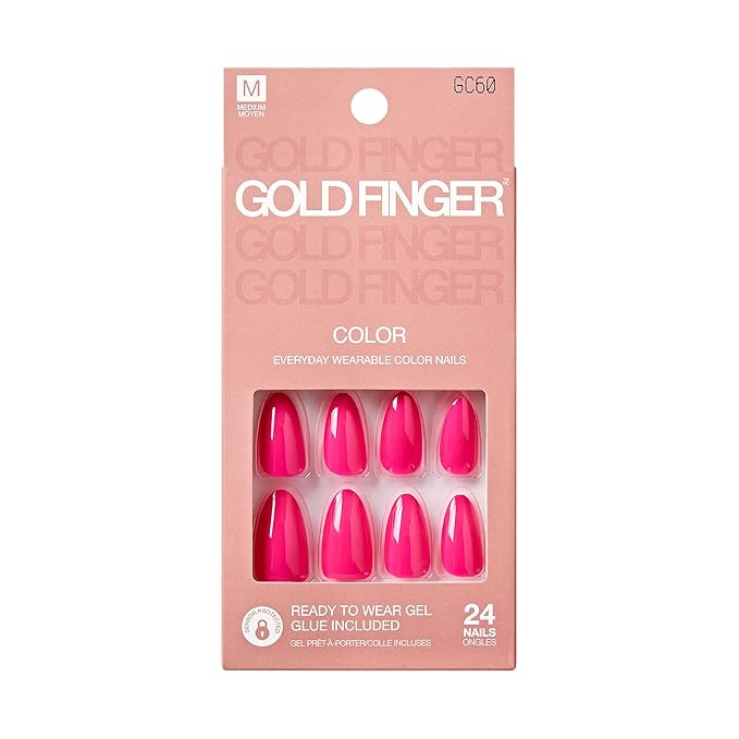 GoldFinger 24 Pcs Press On Nails, Medium Almond Fake Nails, Hot Pink Gel Stick On Extensions, Reusable DIY Full Cover False Nail Kit with Glue, Manicure Stick & File, 7 Day Durable & Long Lasting Wear