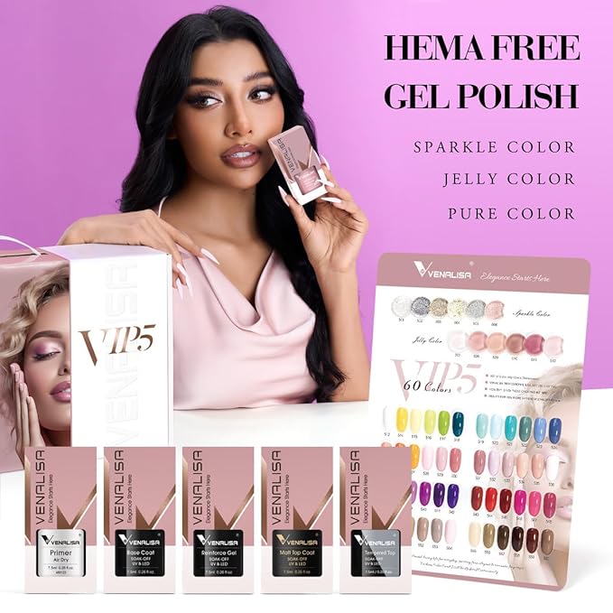 VENALISA VIP5 Gel Nail Polish Set of 65 Pcs With Color Book Pure Jelly Glitter Nail Colors Gel Polish Kit Soak Off UV Gel Salon Nail Art DIY at Home Manicure