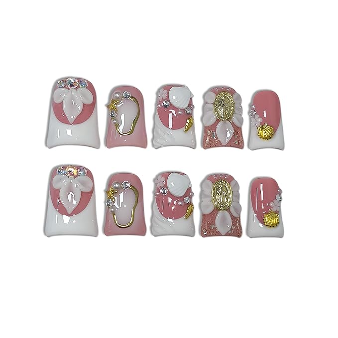 Duckbill Press on Nails - White Blushing French Ombre Fake Nails with 3D Floral & Shell Design For Women Girls | Salon Quality Handmade Elegant Classic Style False Nails with Tools(S)