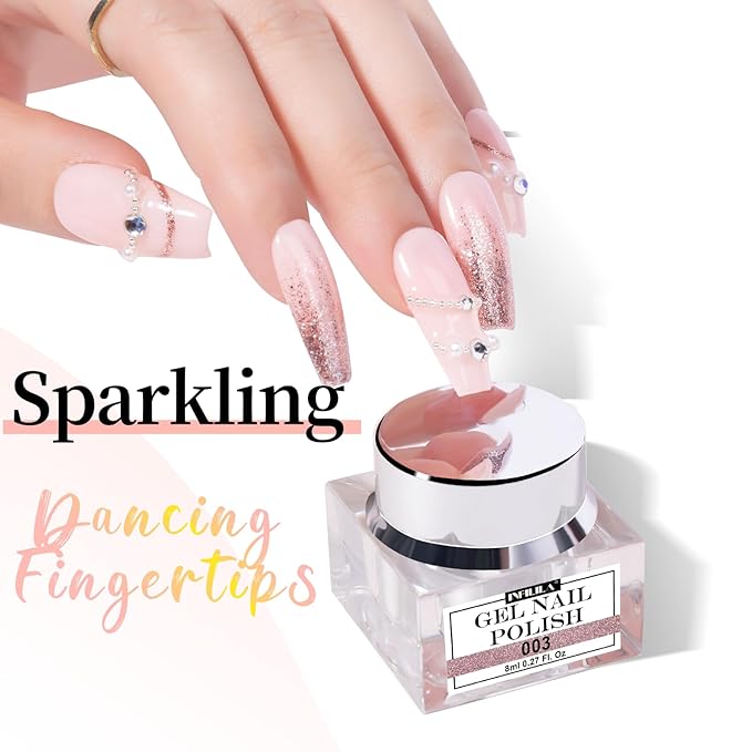 NXJ INFILILA Rose Gold Glitter Gel Nail Polish, Reflective Shimmer Gel Liner for Nail Art, Holographic Sparkle Long-lasting Color Soak Off UV Lamp Cured Gels for Art Manicure Salon DIY at Home B03