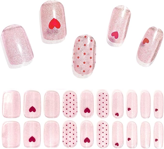 Semi Cured Gel Nail Strips - Red Hearts & Polka Dots with Pink Shimmering Base, At Home Nail Art, Romantic DIY Manicure Kit, Salon Quality Gel Nails