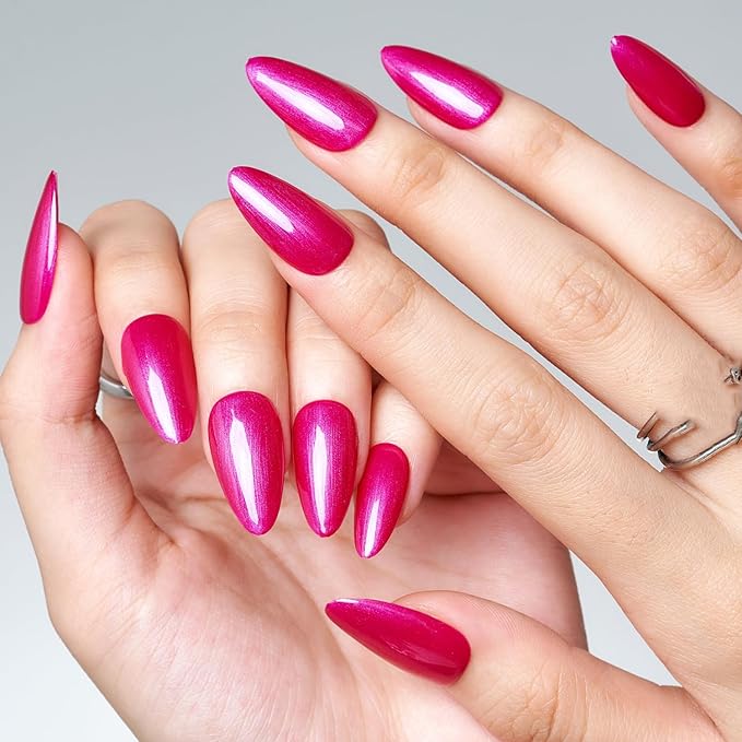 GLAMERMAID Hot Pink Press on Nails Medium Almond, Handmade Pearl Pink Red Neutral Jelly Sofy Gel Glue on Nail Stiletto, Glossy Fake Nails Short Oval，Reusable Acrylic Stick on False Nail Kits for Women
