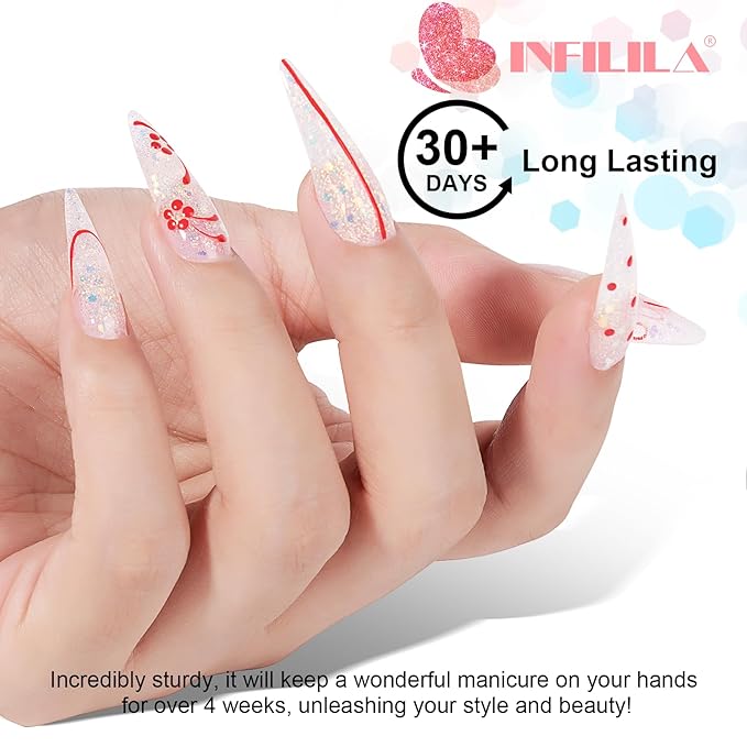 NXJ INFILILA Glitter Poly Nail Gel, Clear Poly Extension Gel Nail Enhancement, Thickening Glossy Builder Home DIY Salon Use for Girls UV/LED Nail Lamp Required P02