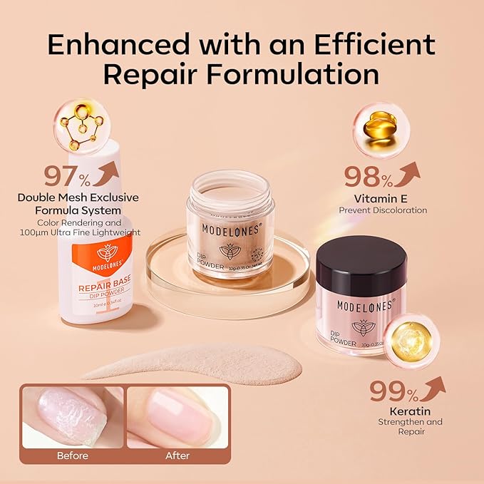 Modelones Nude Dip Powder Nail Kit, 4 Colors Brown Gold Glitter Dipping Starter Set with Liquid and Complete Accessories for French Nails Art Salon DIY at Home Manicure