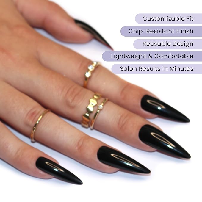 Allkem Press On Nails - Black Red Bottoms Glossy Extra Long Sculpted Stiletto 2 Set Bundle | 10 sizes - 20 pcs Nail kit with Glue