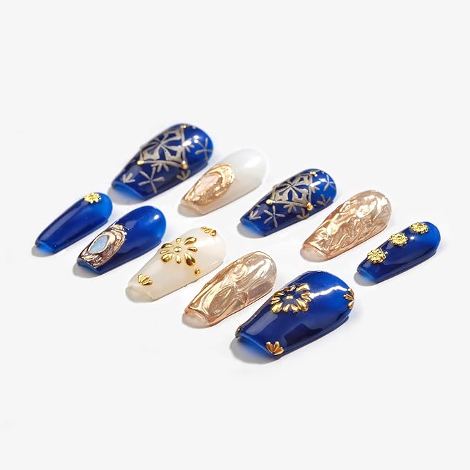 Sun&Beam Nails Handmade Press On Short Coffin Blue Golden Cross Bohemia Design Charming Cute False Nail Tips 10 Pcs (#102 XS)