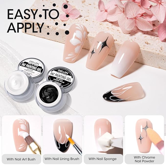GELLEN Nail Painting Gel 2Pcs 8G Black & White No Wipe Pat Painting Nail Gel for Drawing Striper Liner Floral Painting Gel Polish Nail Art for Salon Home DIY Manicure, UV/LED Curing Required