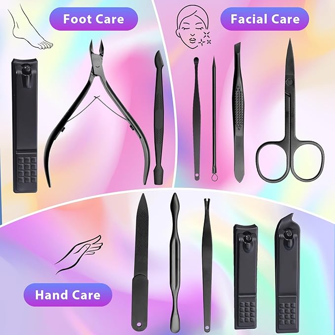 CGBE Nail Clippers Set, 12pcs Stainless Steel Nail Kit for Men, Manicure Set Pedicure kit for Mens Gifts - Black