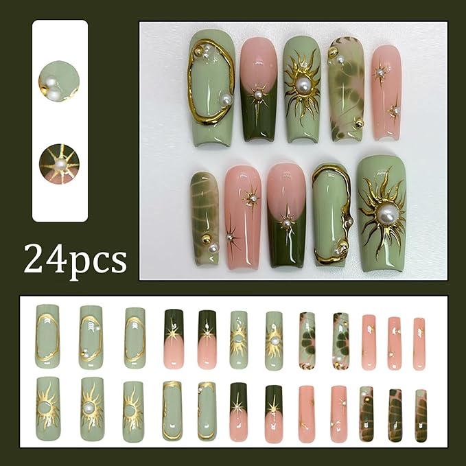 24pcs Green Press on Nails Medium Square French Tip Fake with 3d Gold Star Rhinestones Designs French Tip Artificial Glue on Nails Green Full Cover False Nails Nude Glossy Acrylic Nail decor for Women