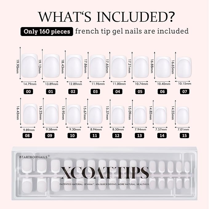 BTArtboxnails XCOATTIPS French Tip Nails - White Press On Nails Short, 160 Pcs Milky White Square Soft Gel Nail Tips, Soak Off False Nail Extensions For Gift