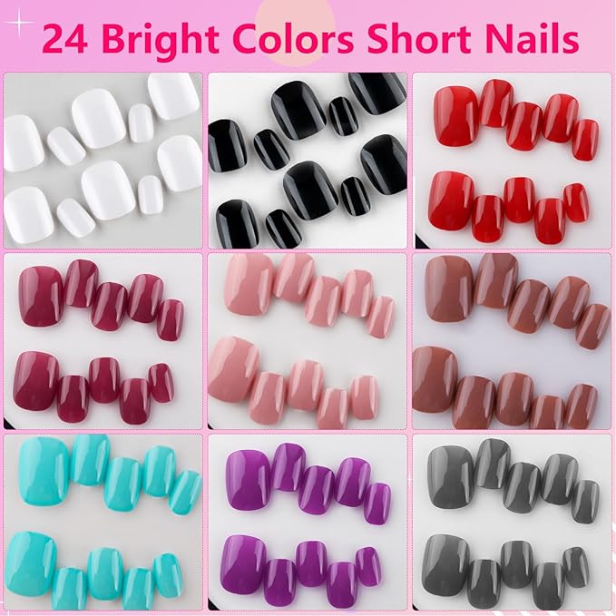 AddFavor 576pcs Short Press on Nails 24 Color Glossy Fake Nails Full Cover Solid Color Acrylic Artificial False Nail Tips for Women Girls Nail Art Manicure
