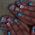 48Pcs Blue Press on Toenails Short Square Press on Nails Blue White French Tips False Nails with Water Ripple Design Glossy Skintones Fake Toenails Summer Fake Nails Kit for Women Girls Manicure