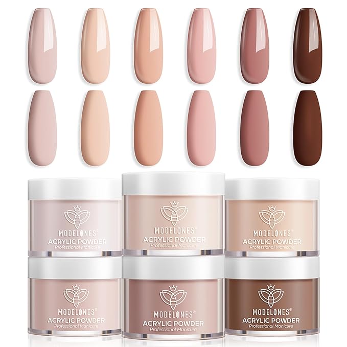Modelones Acrylic Powder 6 Colors Acrylic Nail Powder Kit Skin Tones Brown Neutral Milky Daily Elegant Nail Acrylic Powder for 3D Acrylic Nail Art Nail Extension No Nail Lamp Needed