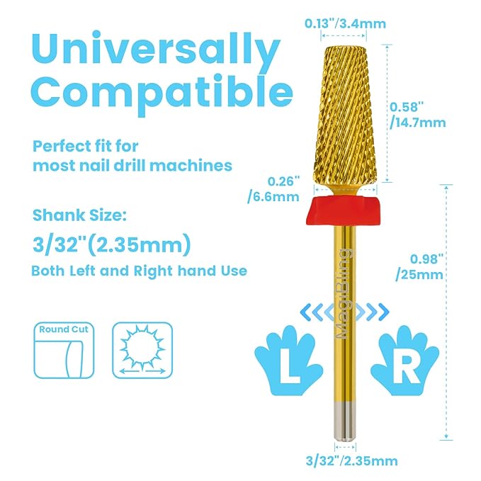 6.6mm Large Tapered Barrel 5-in-1 Nail Drill Bit, 3/32" Cross-Cut Safety Tungsten Carbide Efile Bit for Fast Gel & Acrylic Removal, Two-Way Rotation, Nail Tech & Beginner Bit, Titanium, Fine