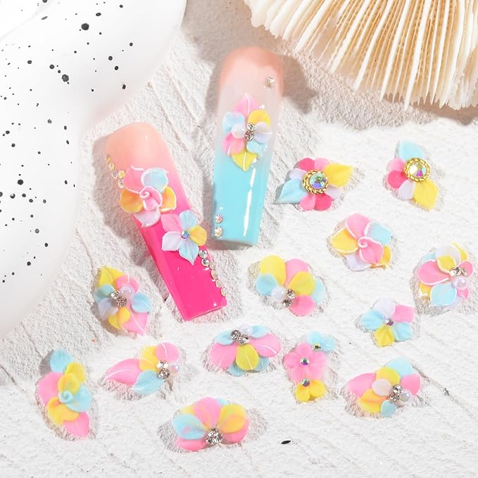 30PCS 3D Handmade Flower Nail Art Charms Advanced Handcrafted Cherry Blossom Flower Colorful Sculpted Floral Nails with Rhinestone Caviar Beads Design for Women Profession Nail Art Craft Jewelry