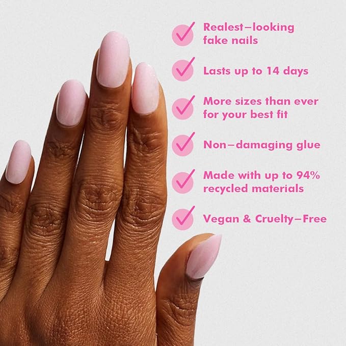 Olive & June Instant Mani Press-On Nails (Glue) | 42 Fake Nails, 21 Sizes | Non-Toxic, Long-Lasting Recycled Materials Realistic Look | Spring Flowers & Patterns | Medium, Oval | Iridescent Pink